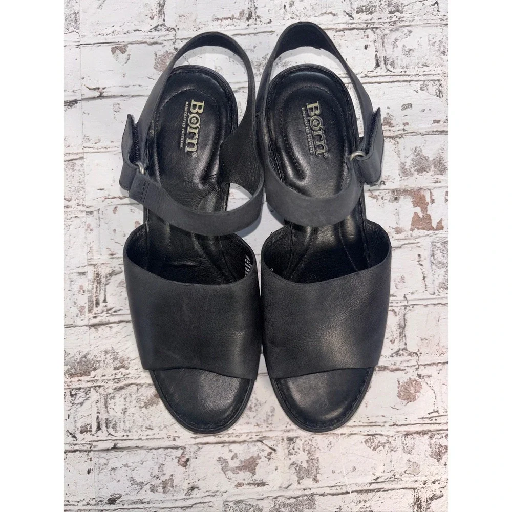 Born Black‎ Leather Wedge Sandals Womens 10M F41203 VCJL17 Comfort Platform